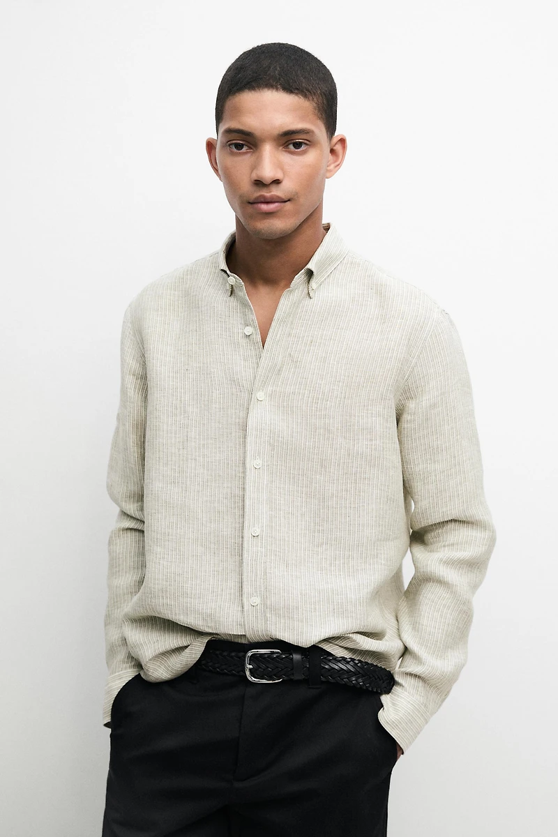 100% linen regular fit striped shirt