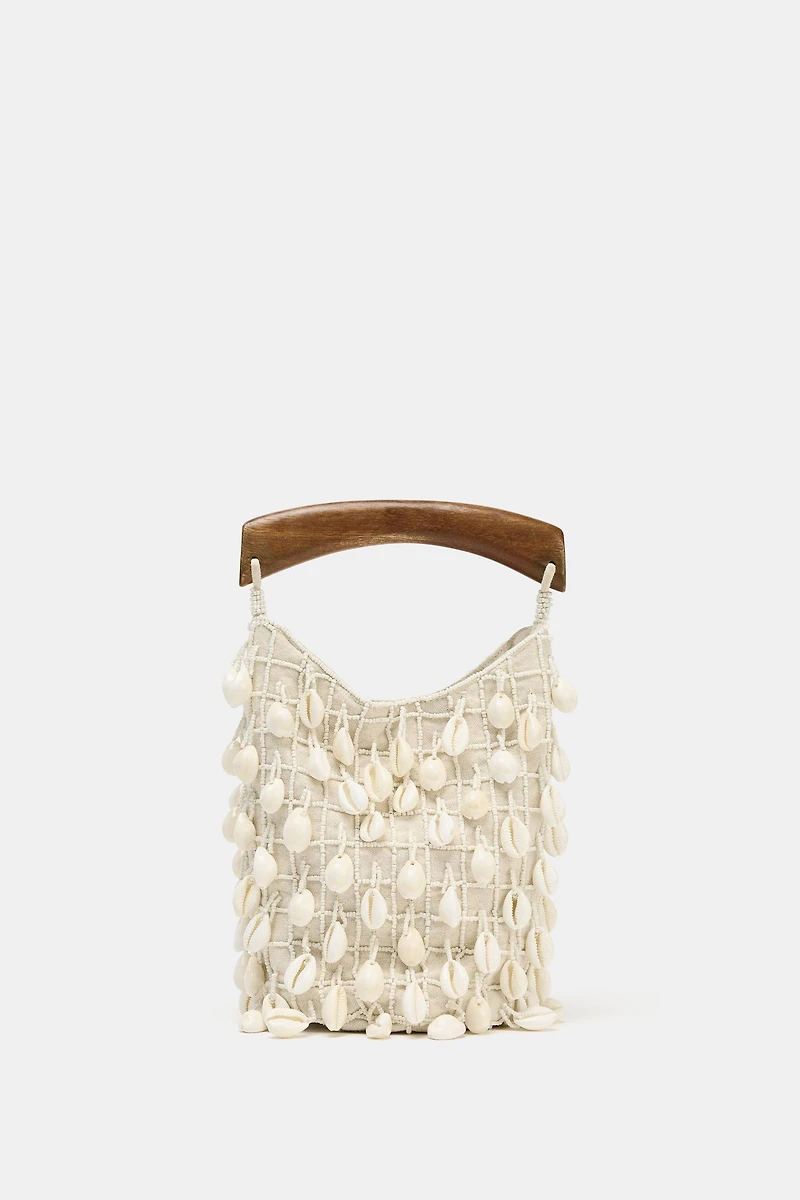BEADED FABRIC BUCKET BAG