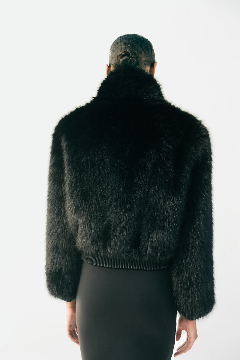 FAUX FUR HIGH COLLAR BOMBER JACKET