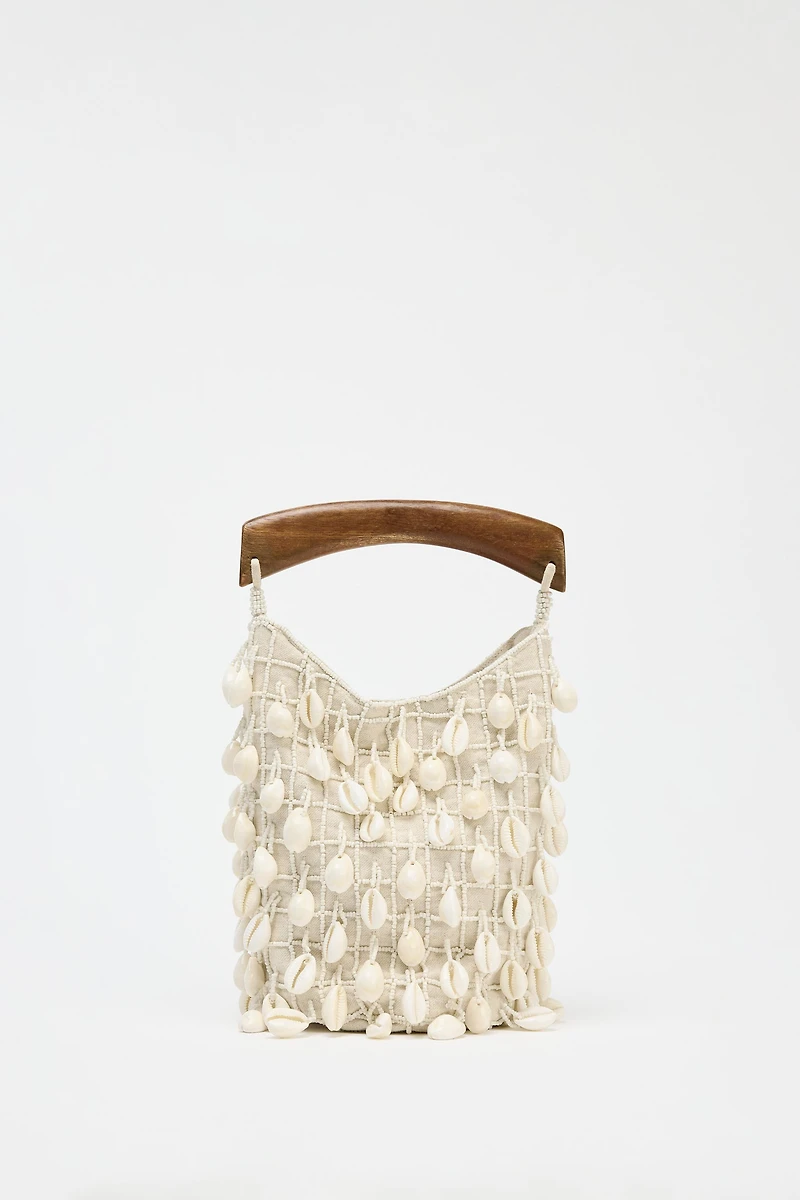 BEADED FABRIC BUCKET BAG