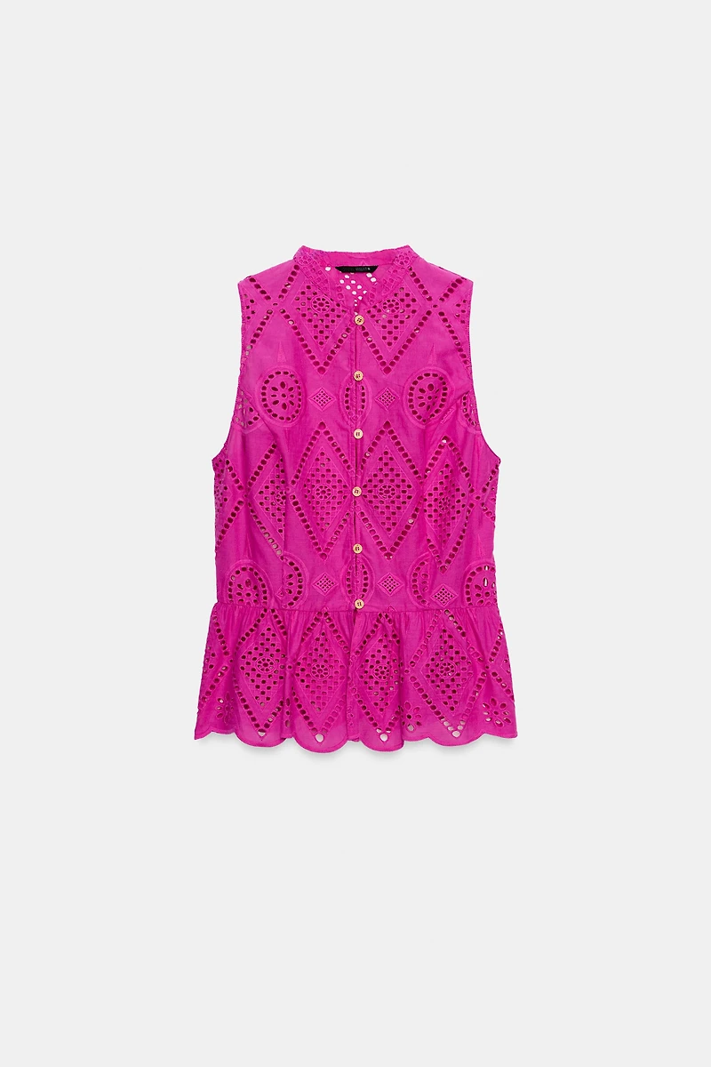 EMBROIDERED EYELET PEPLUM TOP