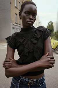 POINTELLE KNIT RUFFLED TOP