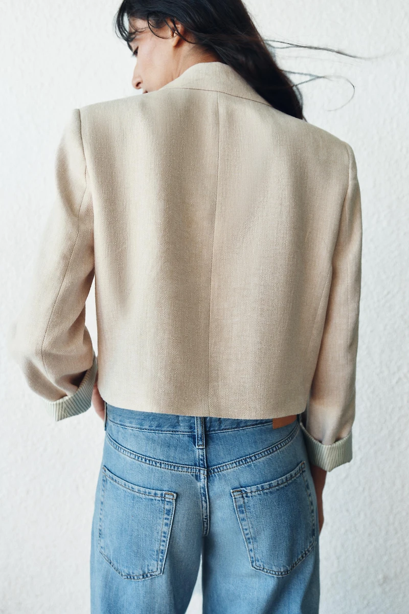 LINEN CROPPED BLAZER WITH SHOULDER PADS