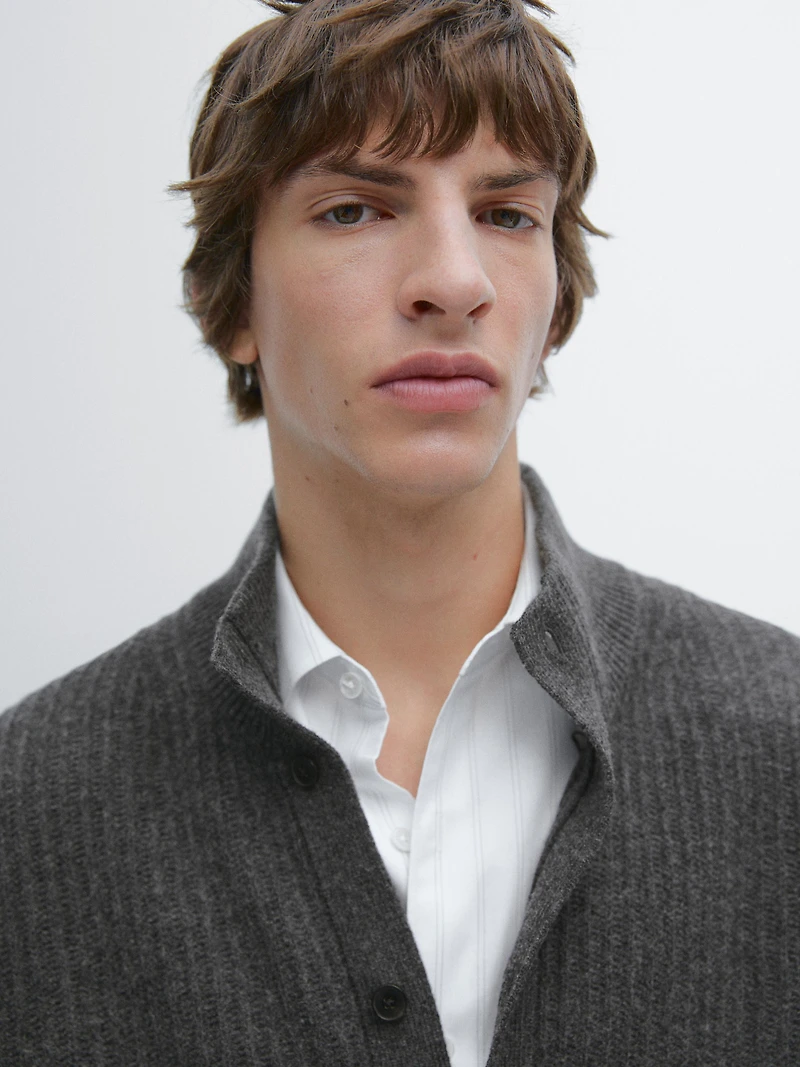 Cotton blend knit cardigan with high neck