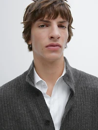 Cotton blend knit cardigan with high neck