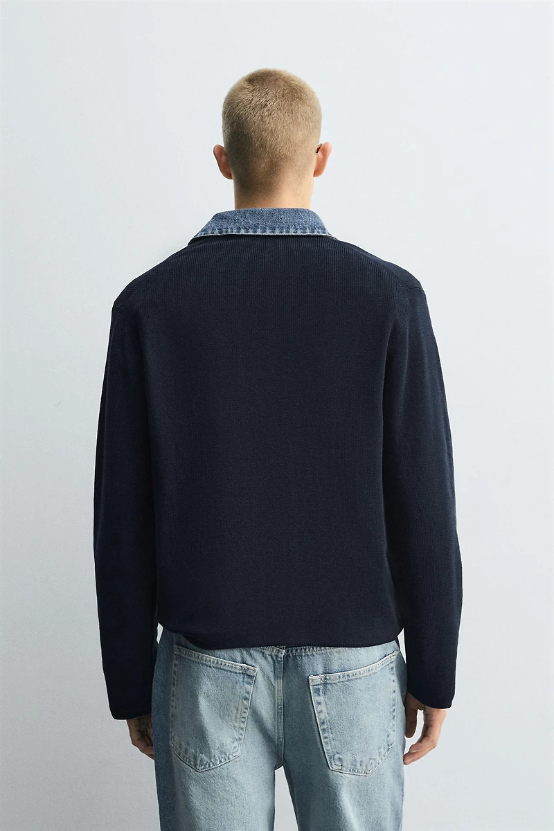 DENIM COLLAR KNIT POLO SHIRT