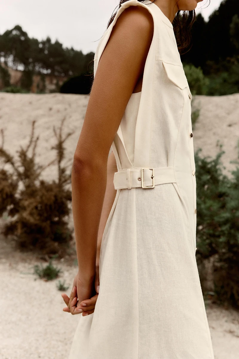 LINEN MIDI DRESS WITH BELT LOOPS