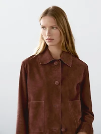 Cropped suede leather-lined jacket with buttons