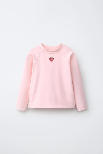 1-6 YEARS/ STRAWBERRY EMBROIDERED SUN PROTECTION RASH GUARD