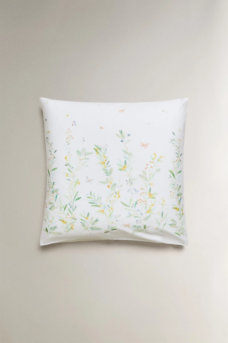 TAIE D’OREILLER SATIN FEUILLES ET FLEURS