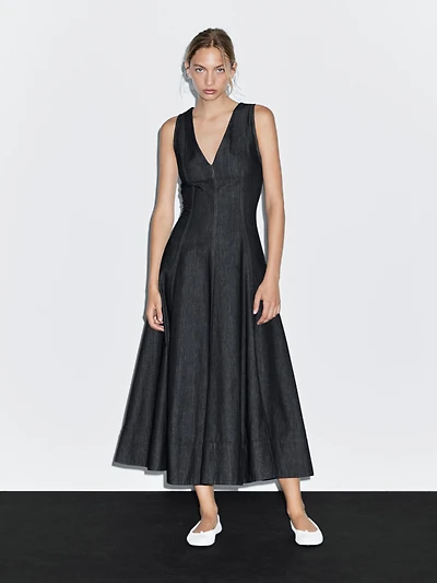 Robe midi denim coutures apparentes