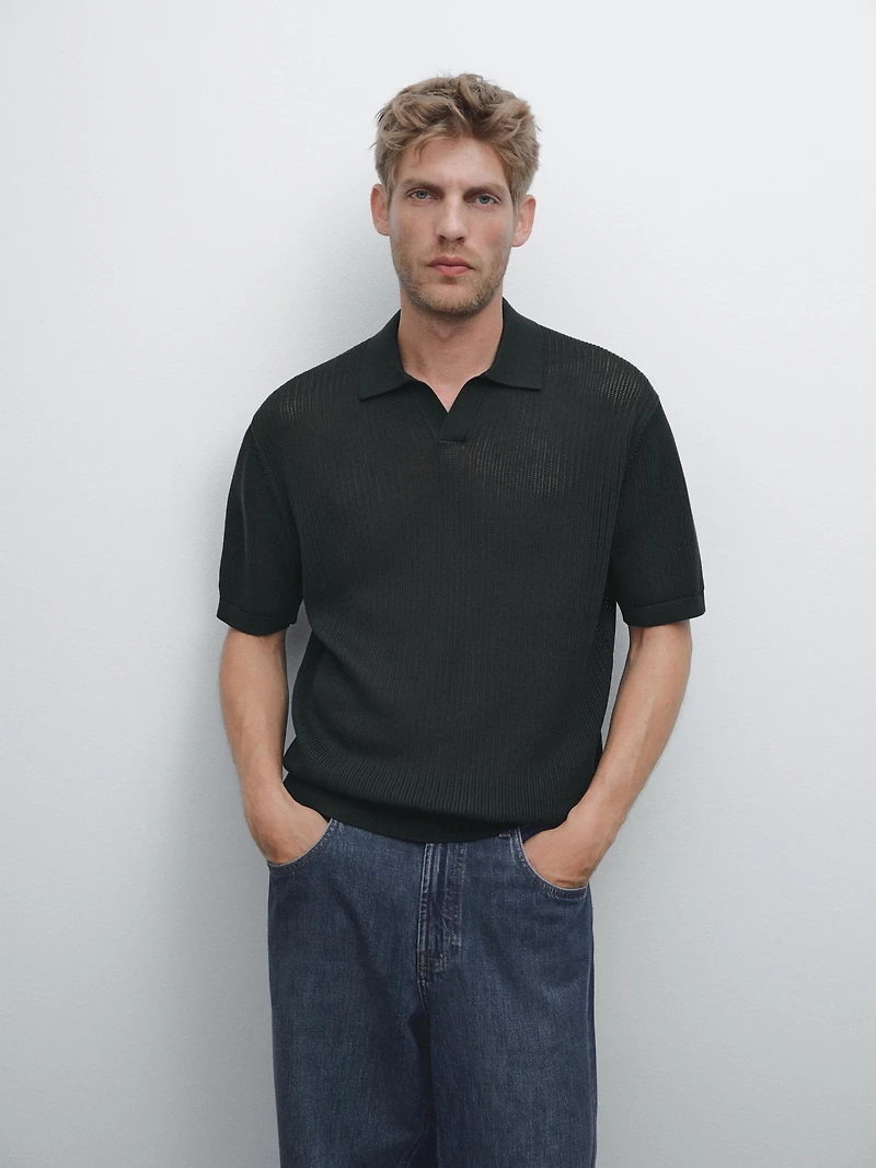 Cutwork V-neck polo shirt