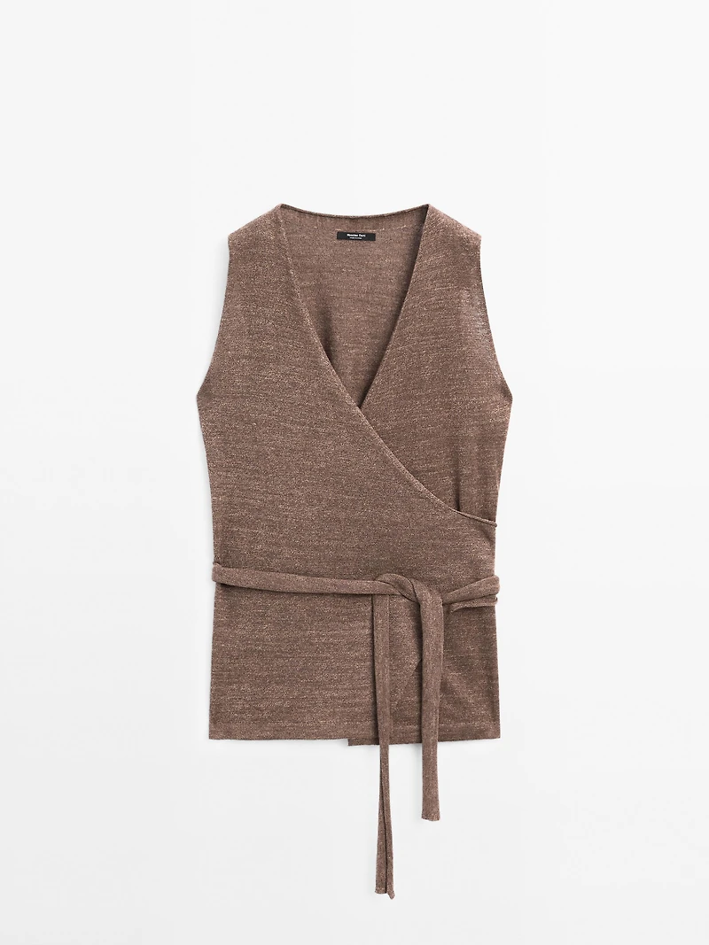 Linen blend knit crossover top