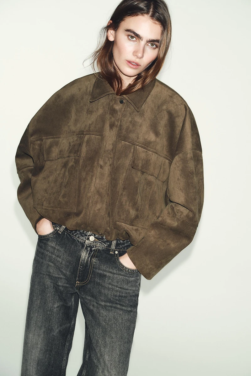 OVERSIZED FAUX SUEDE HOODED BOMBER JACKET