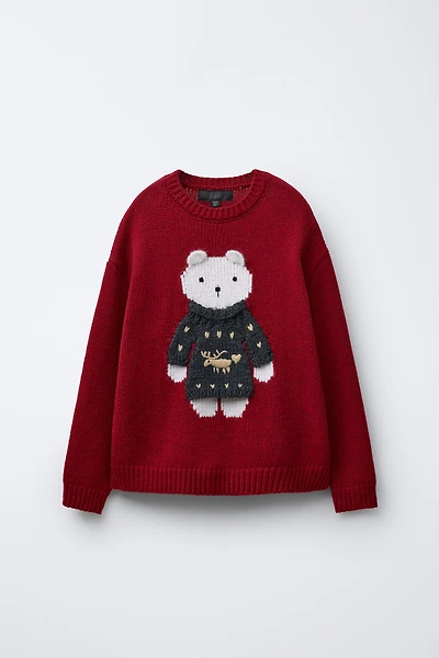 AGES 7-12 / WOOL BLEND KNIT SWEATER WITH EMBROIDERED BEAR