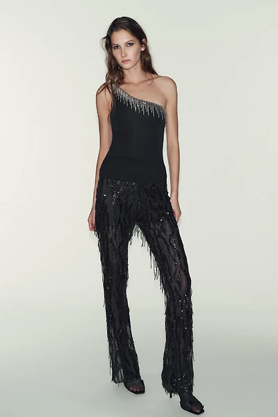 ASYMMETRIC FRINGE BODYSUIT WITH SPARKLE EMBELLISHMENT