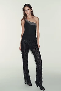 ASYMMETRIC FRINGE BODYSUIT WITH SPARKLE EMBELLISHMENT