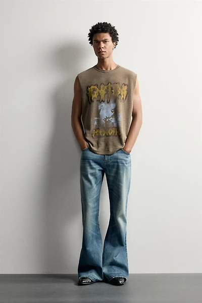 T-SHIRT SANS MANCHES EN MAILLE LAVÉE À IMPRIMÉ