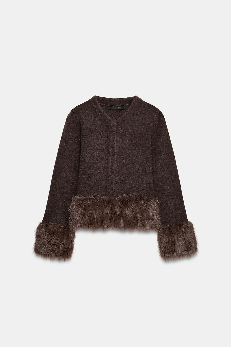FAUX FUR TRIM KNIT CARDIGAN