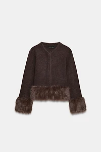 FAUX FUR TRIM KNIT CARDIGAN
