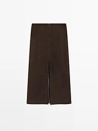 Straight nubuck leather midi skirt