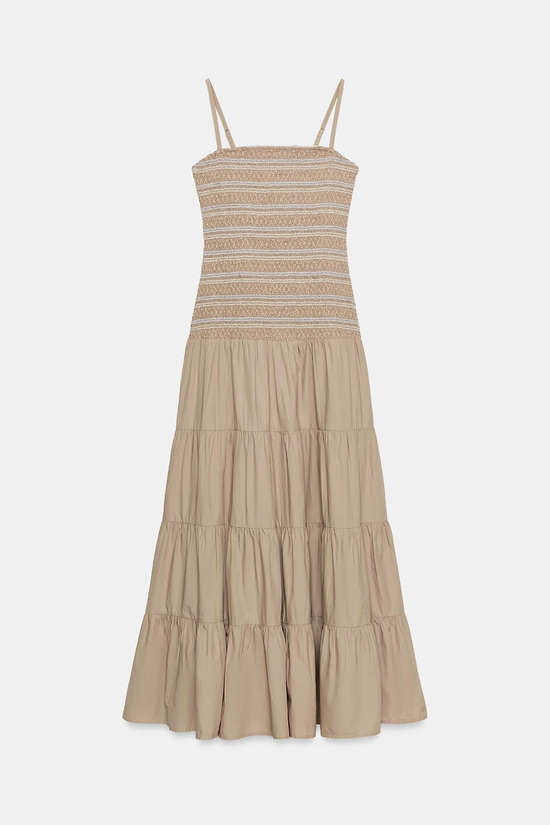 EMBROIDERED SMOCKED MIDI DRESS