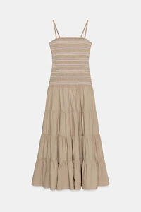 EMBROIDERED SMOCKED MIDI DRESS