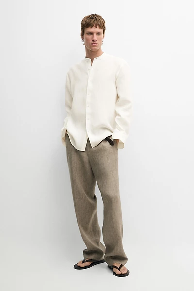 100% linen regular fit shirt with stand collar