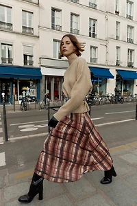 PLAID WRINKLED EFFECT MIDI SKIRT