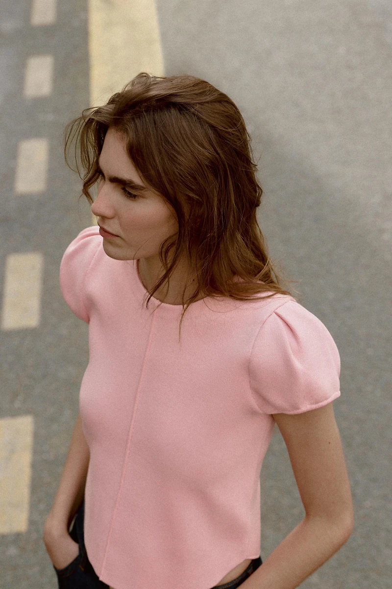 PUFF SHORT SLEEVE KNIT TOP