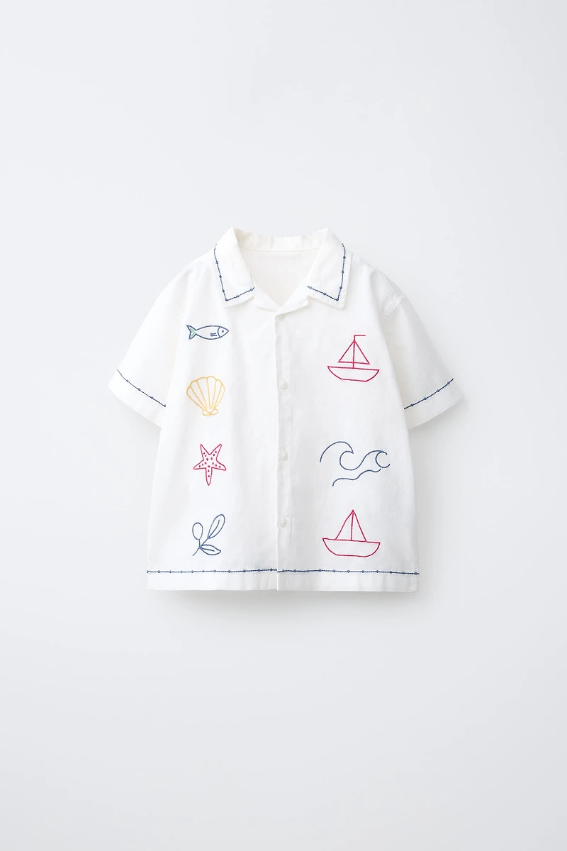 COTTON AND LINEN CONTRAST EMBROIDERY SHIRT