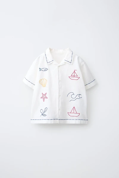 COTTON AND LINEN CONTRAST EMBROIDERY SHIRT