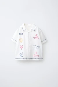 COTTON AND LINEN CONTRAST EMBROIDERY SHIRT