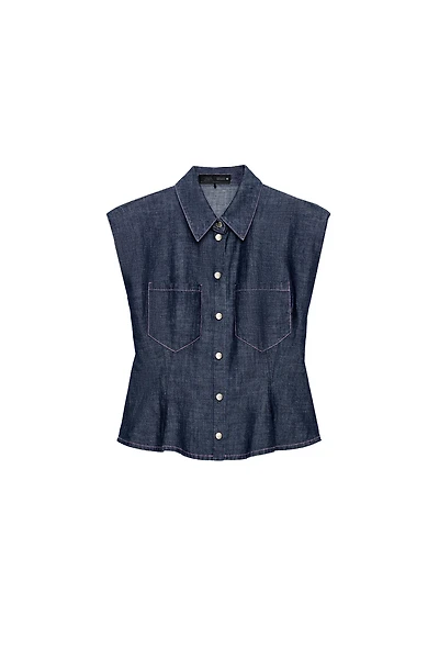 LINEN BLEND PEPLUM SHIRT WITH SHOULDER PADS