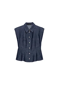 LINEN BLEND PEPLUM SHIRT WITH SHOULDER PADS