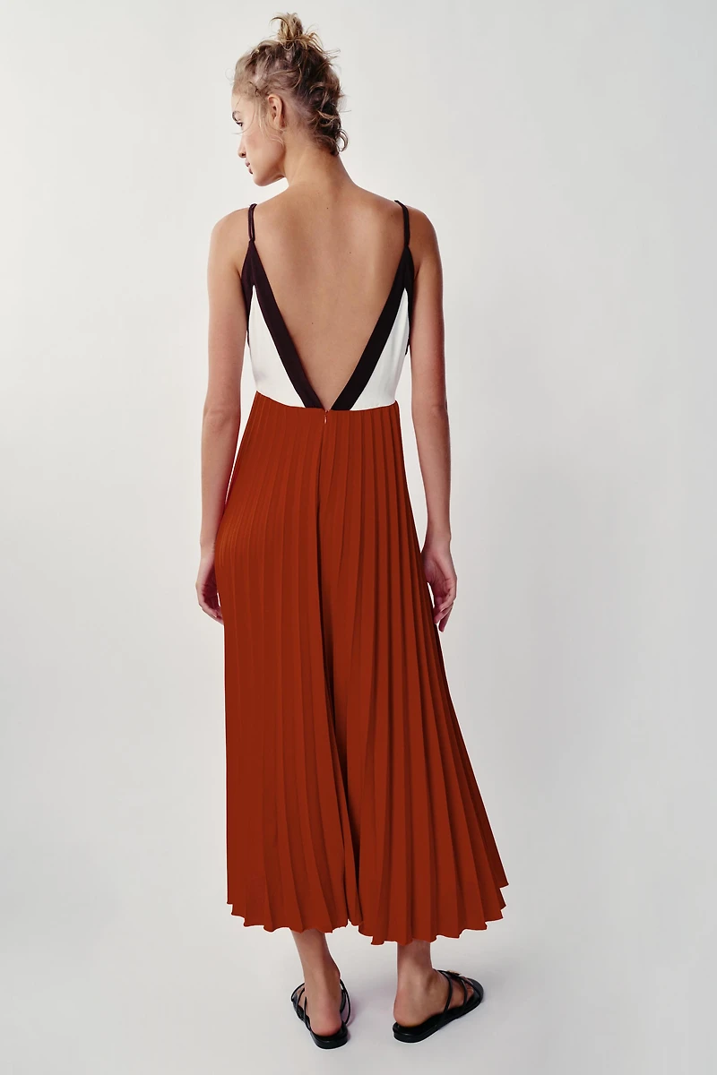 BEADED PLEATED MIDI DRESS