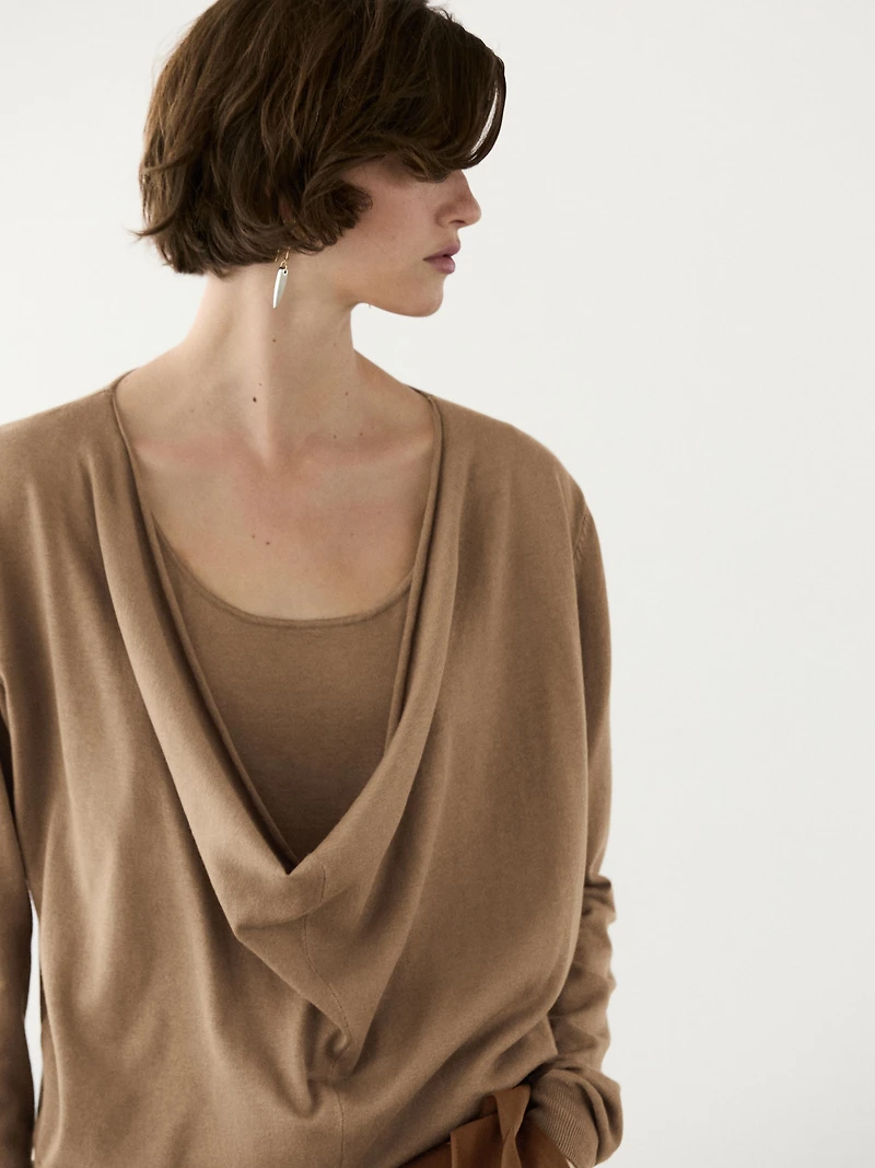 Cotton blend knit sweater with cowl neck