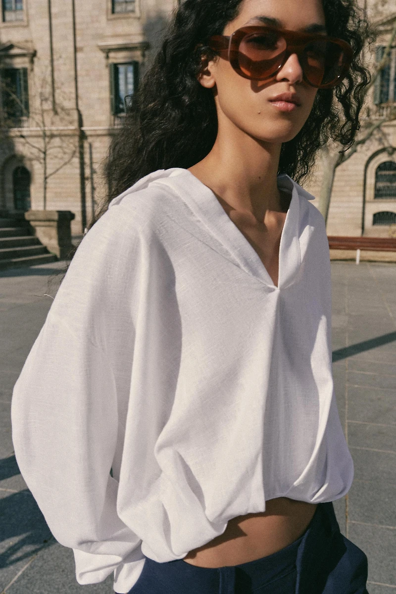 LINEN BLEND SHIRT WITH PUFFED HEM