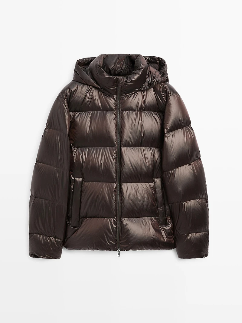 Water-repellent satin puffer jacket