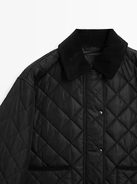 Short lightweight puffer jacket with corduroy detail