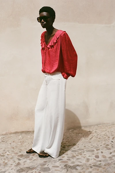 RUFFLED SATIN EFFECT BLOUSE WITH SHOULDER PADS