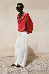 RUFFLED SATIN EFFECT BLOUSE WITH SHOULDER PADS