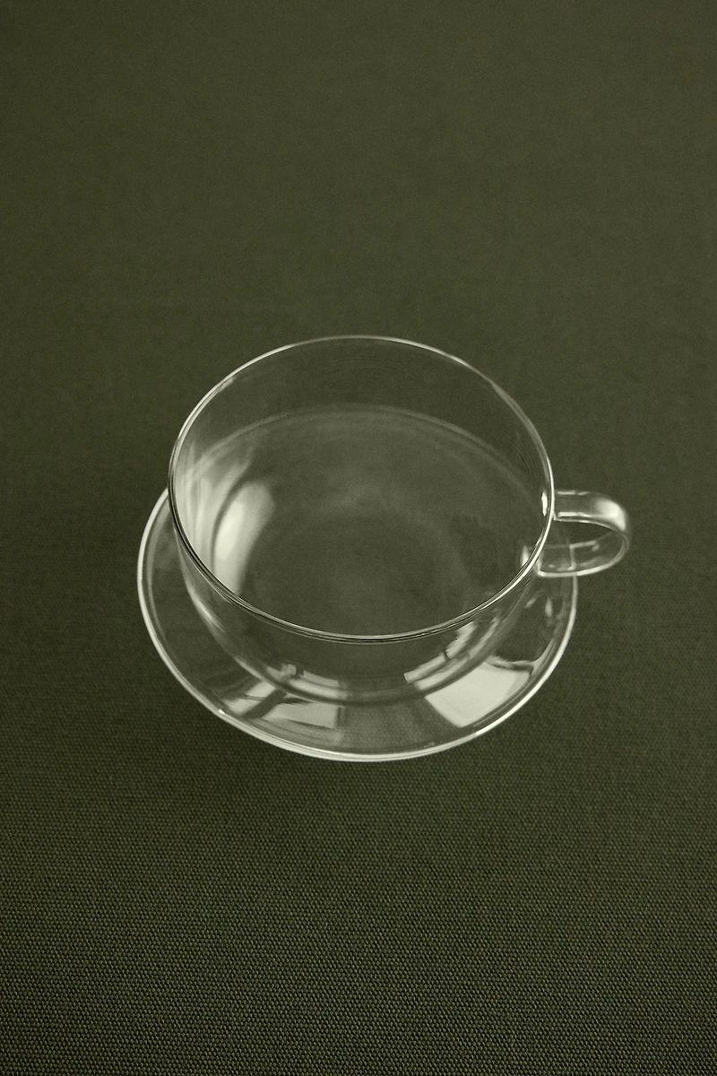 BOROSILICATE GLASS COFFEE CUP AND SAUCER WITH SILVER RIM