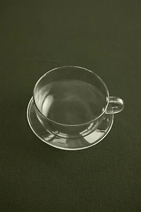 BOROSILICATE GLASS COFFEE CUP AND SAUCER WITH SILVER RIM