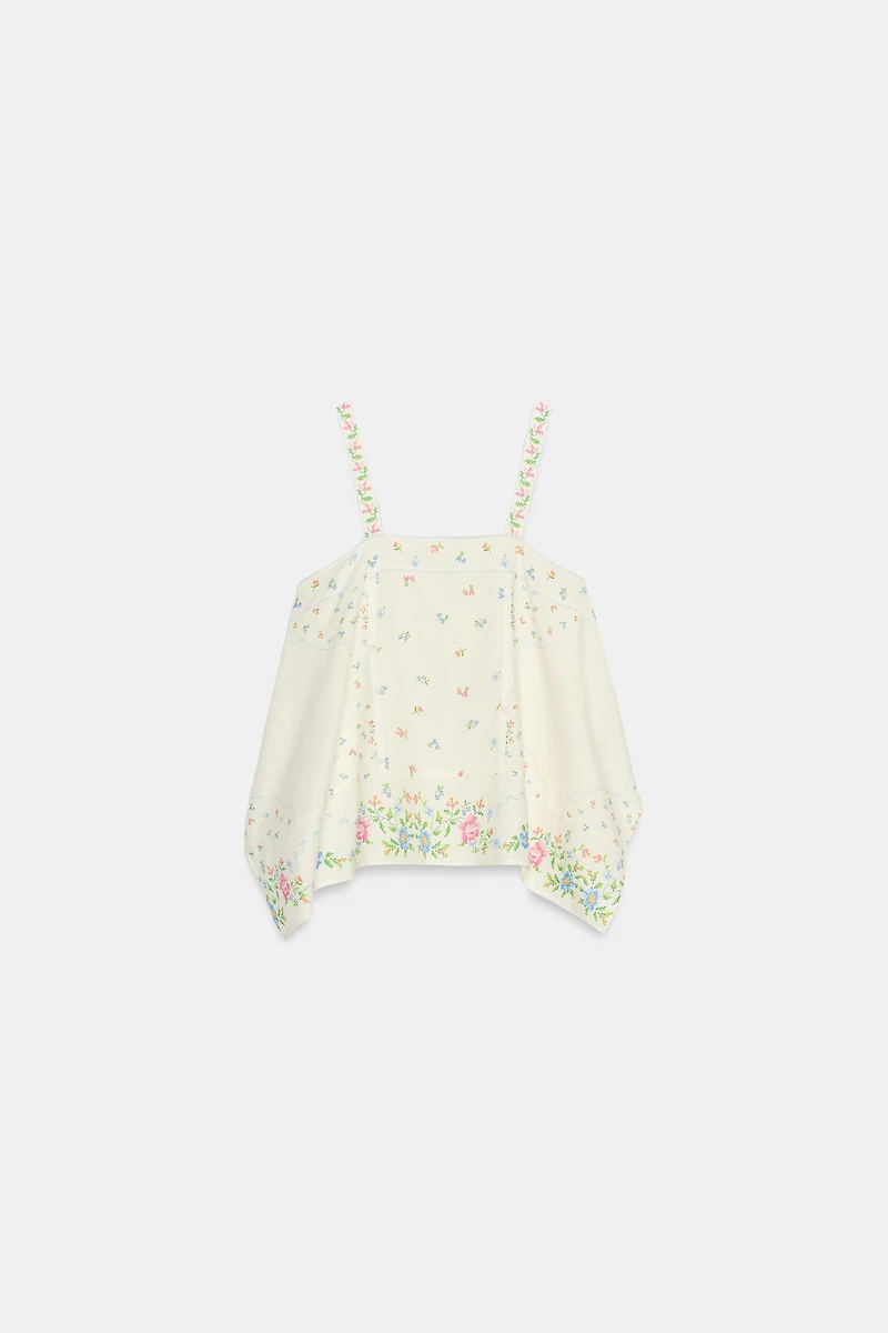 TOP ASYMÉTRIQUE IMPRIMÉ FLEURI EN LIN