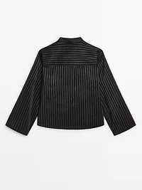 Striped shirt with stand collar and bib detail