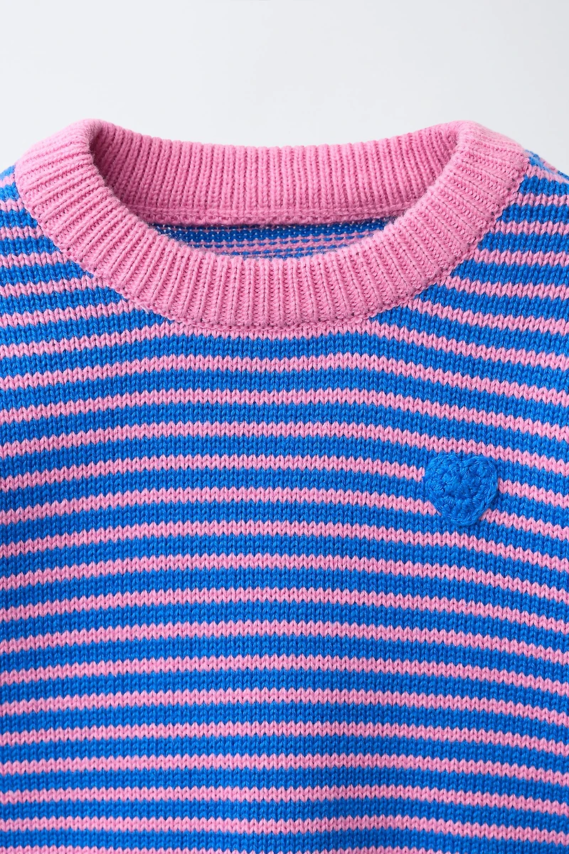 STRIPED EMBROIDERED HEART KNIT SWEATER