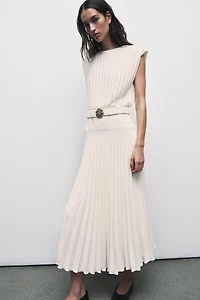 PLEATED BELTED MIDI DRESS