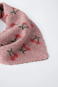 CHERRY EMBROIDERED TRIANGLE KNIT SCARF