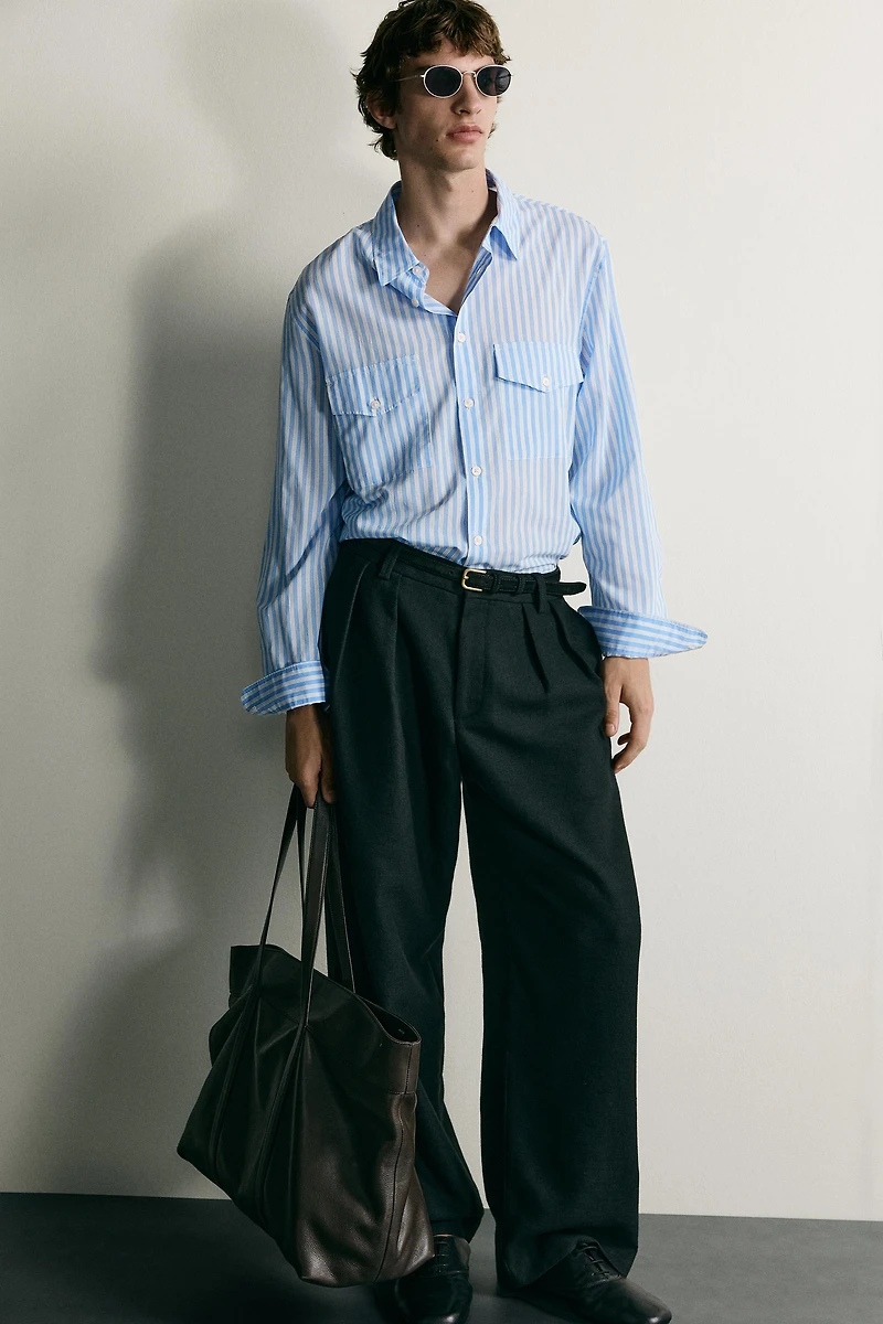STRIPED FLOWY POCKET SHIRT
